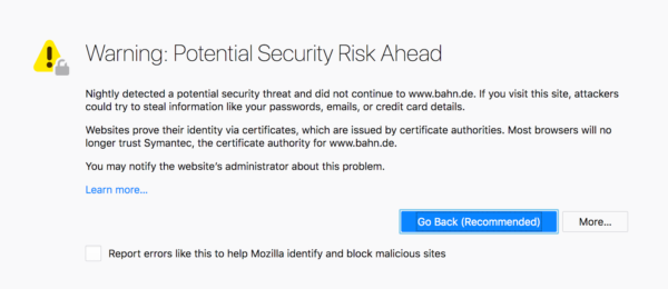 The network error page for a site using a certificate issued by Symantec, with a paragraph explaining that Mozilla has withdrawn trust from that certificate provider.